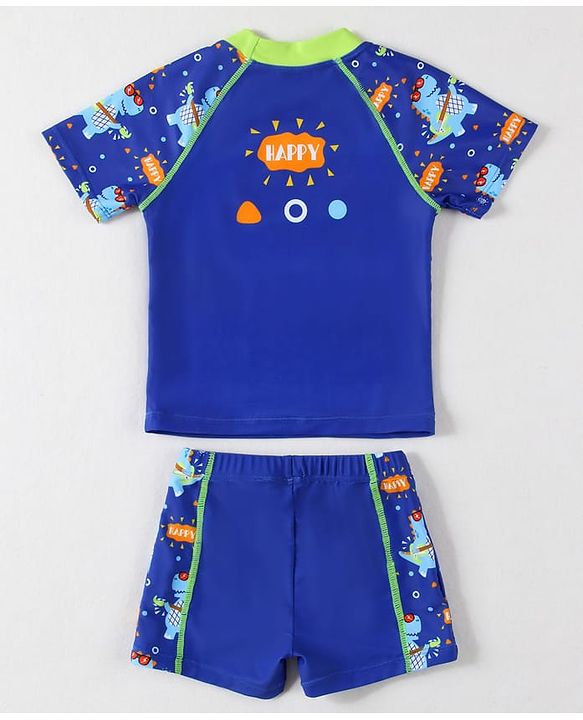 Babyhug Half Raglan Sleeves Two Piece Swimsuit With Dino Print - Blue