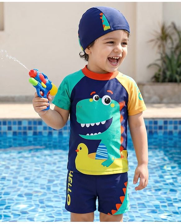 Babyhug Half Raglan Sleeves Two Piece Swimsuit With Dino Print & Swimming Cap - Navy Blue