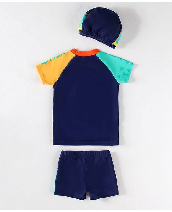 Babyhug Half Raglan Sleeves Two Piece Swimsuit With Dino Print & Swimming Cap - Navy Blue
