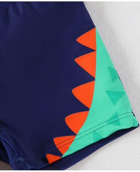 Babyhug Half Raglan Sleeves Two Piece Swimsuit With Dino Print & Swimming Cap - Navy Blue