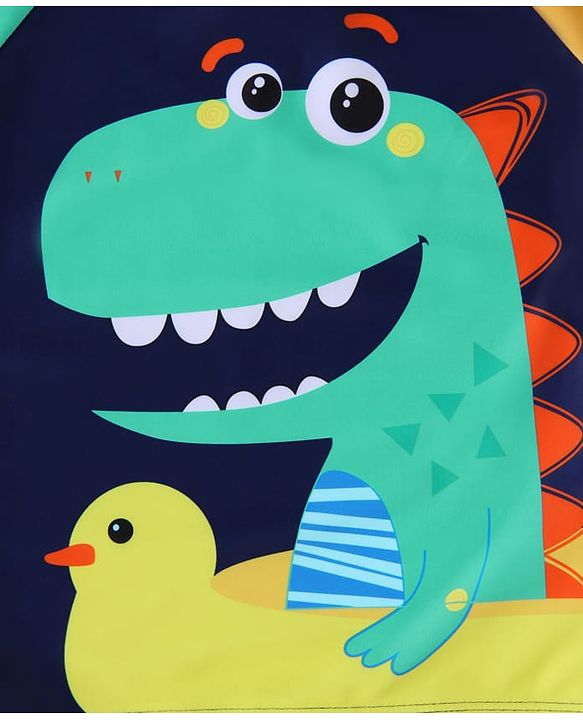 Babyhug Half Raglan Sleeves Two Piece Swimsuit With Dino Print & Swimming Cap - Navy Blue