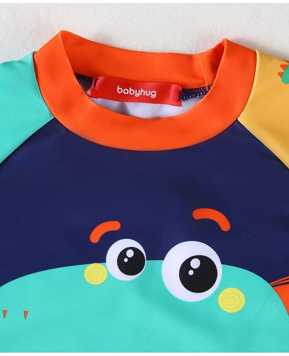 Babyhug Half Raglan Sleeves Two Piece Swimsuit With Dino Print & Swimming Cap - Navy Blue
