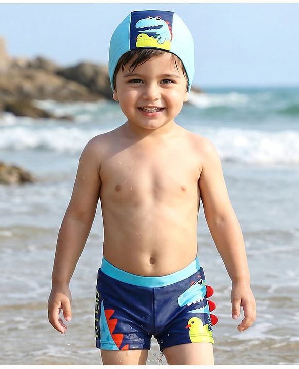 Babyhug Swimming Trunk With Dino Print & Swimming Cap - Navy Blue