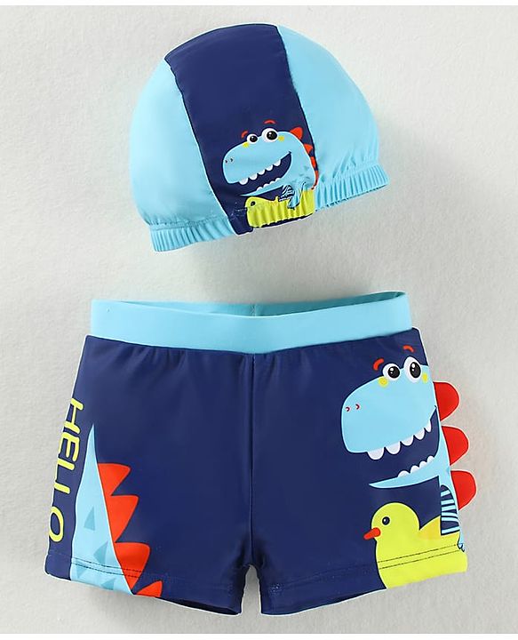 Babyhug Swimming Trunk With Dino Print & Swimming Cap - Navy Blue