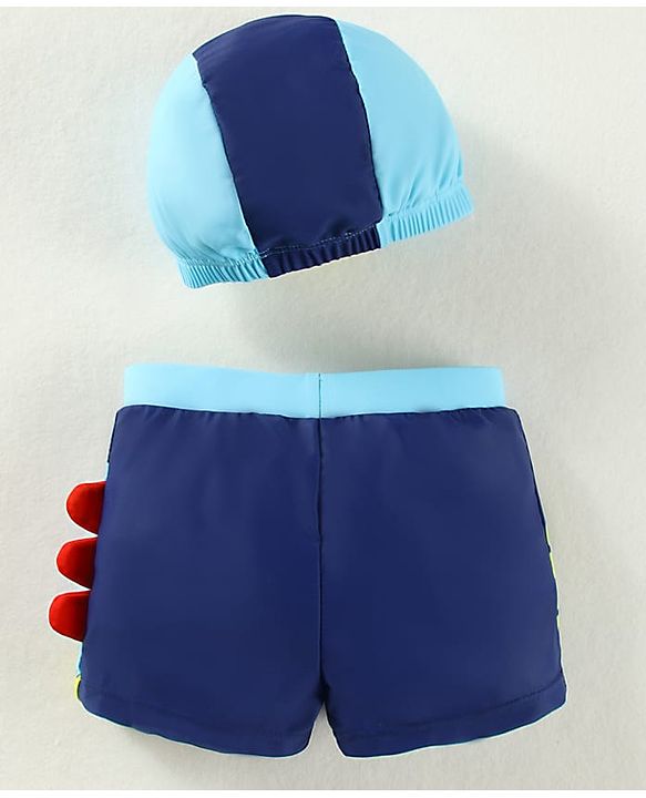 Babyhug Swimming Trunk With Dino Print & Swimming Cap - Navy Blue