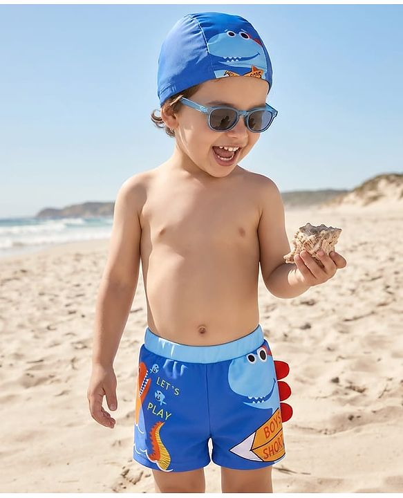 Babyhug Swimming Trunk With Dino Print & Swimming Cap - Blue