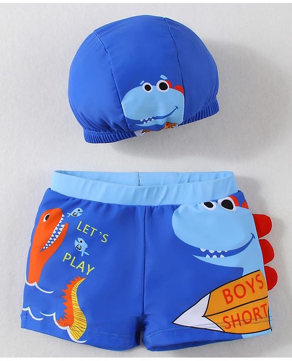 Babyhug Swimming Trunk With Dino Print & Swimming Cap - Blue