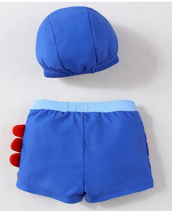 Babyhug Swimming Trunk With Dino Print & Swimming Cap - Blue
