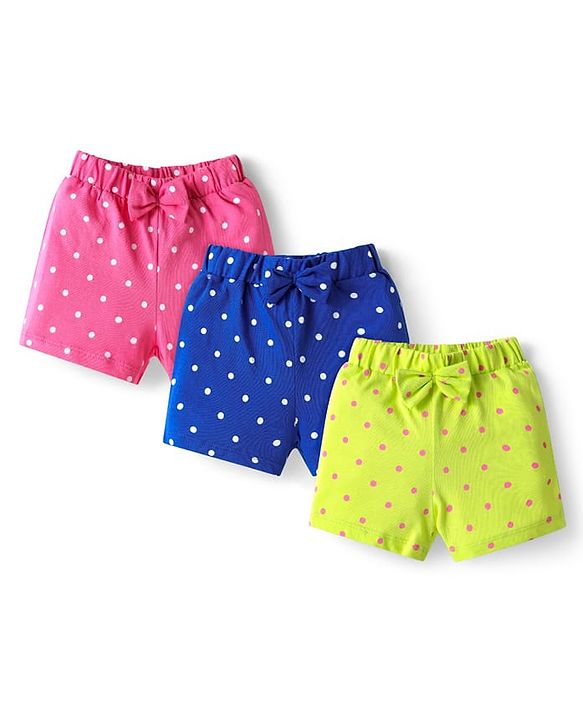 Babyhug 100% Cotton Single Jersey Knit Shorts with Polka Dots & Bow Applique Pack of 3 - Pink & Blue