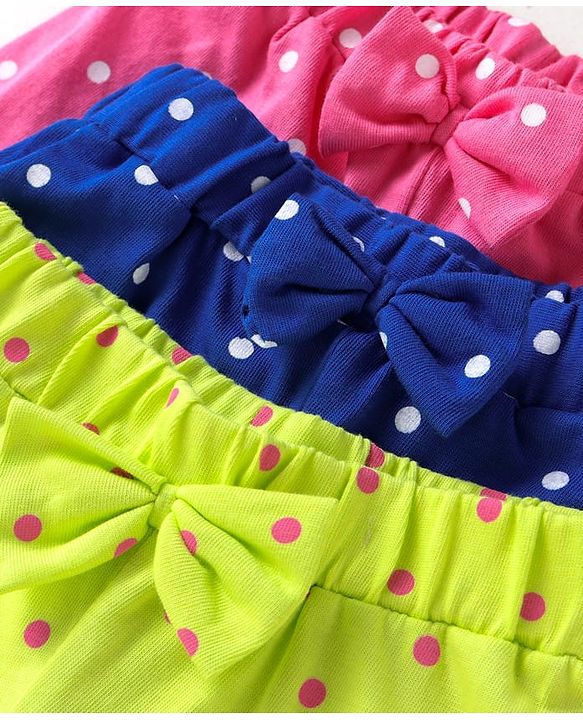 Babyhug 100% Cotton Single Jersey Knit Shorts with Polka Dots & Bow Applique Pack of 3 - Pink & Blue
