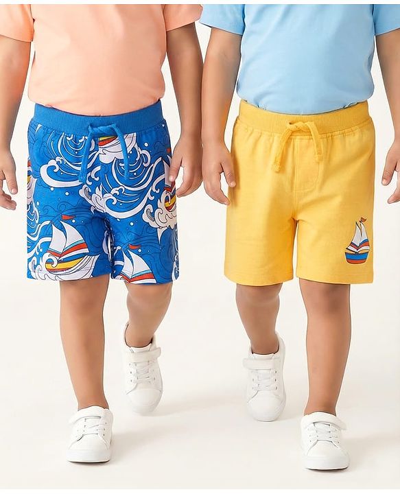 Babyhug Cotton Knit Mid Thigh Length Shorts with Nautical Theme Print Pack of 2 - Yellow & Blue