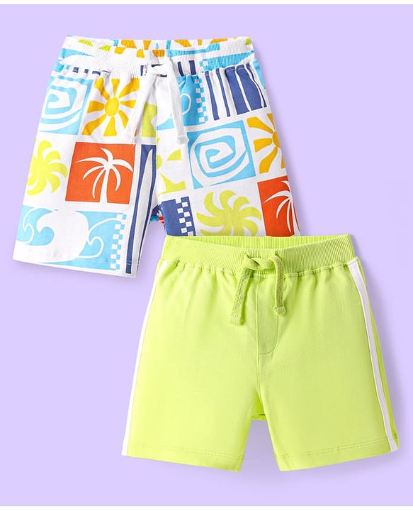 Babyhug Single Jersey Knit Shorts with Beach Theme Print Pack of 2 - Neon Green & Blue