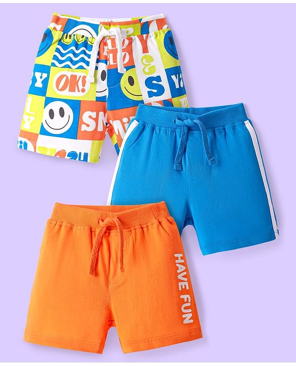 Babyhug Cotton Knit Mid Thigh Length Shorts with Text Print & Tape Detailing Pack of 3 - Orange & Blue