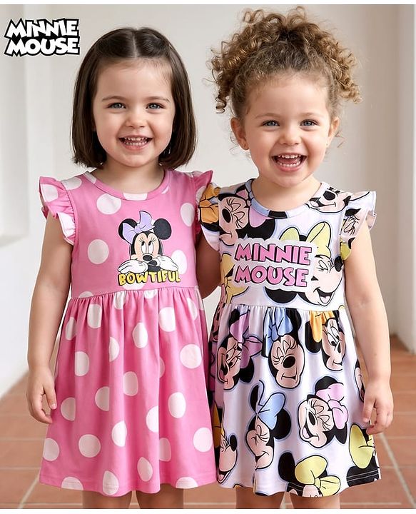 Babyhug Disney Single Jersey Knit Frill Sleeves Frocks With Minnie Mouse Graphics Pack of 2 - White & Pink