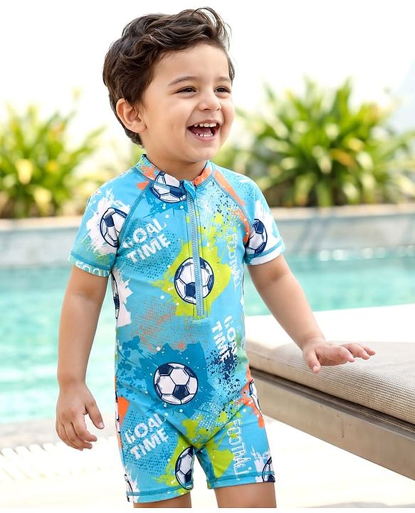 Babyhug Half Raglan Sleeves Water Repellent Legged Swimsuit with Football Print - Light Blue