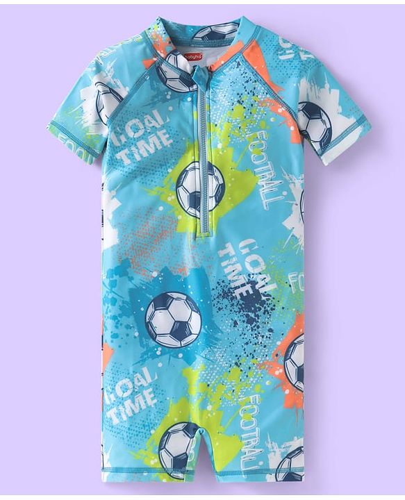 Babyhug Half Raglan Sleeves Water Repellent Legged Swimsuit with Football Print - Light Blue