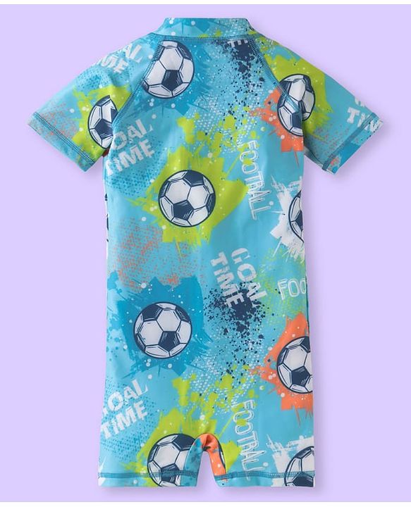 Babyhug Half Raglan Sleeves Water Repellent Legged Swimsuit with Football Print - Light Blue