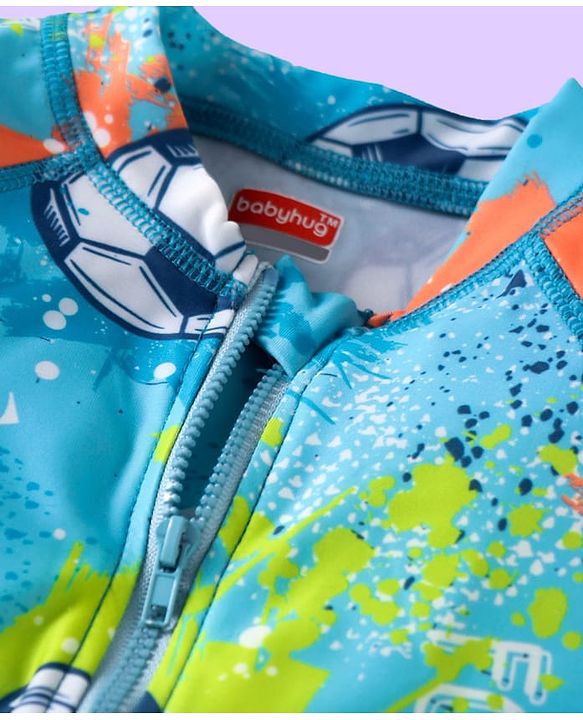 Babyhug Half Raglan Sleeves Water Repellent Legged Swimsuit with Football Print - Light Blue