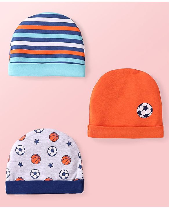 Babyhug 100% Cotton Knit Caps with Ball Print & Stripes Pack of 3 - Orange & White