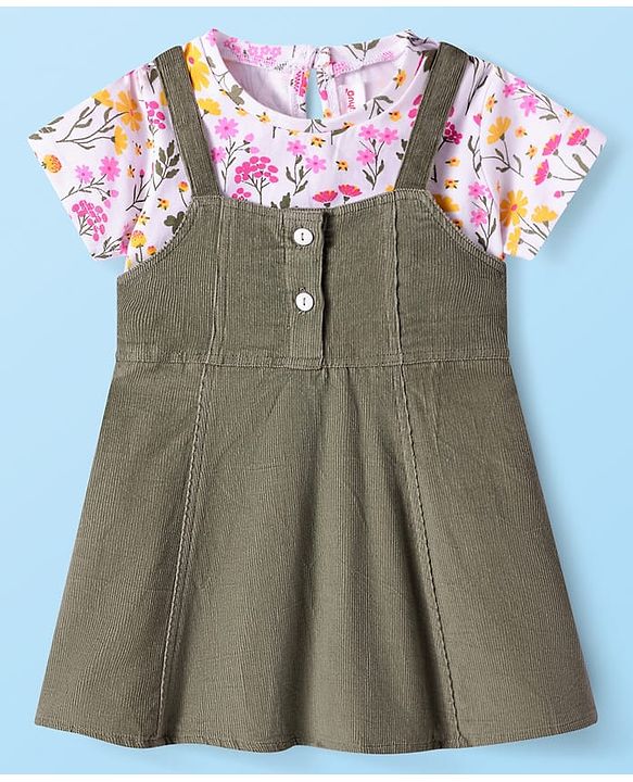 Babyhug Cotton Woven Frock & Half Sleeves Inner Tee With Floral Print - Olive Green