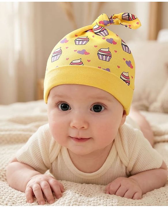 Babyhug 100% Cotton Cap with Cupcake Print - Yellow