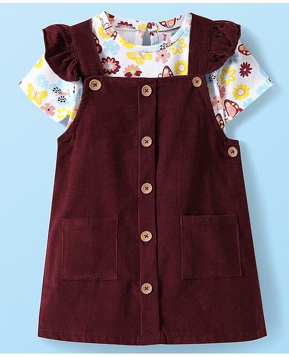 Babyhug Cotton Woven Half Sleeves Floral Print Inner Tee with Frock - Maroon & White