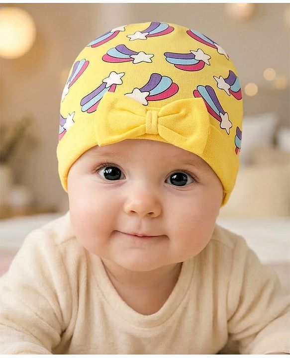 Babyhug 100% Cotton Cap with Rainbow Print & Bow Applique - Yellow