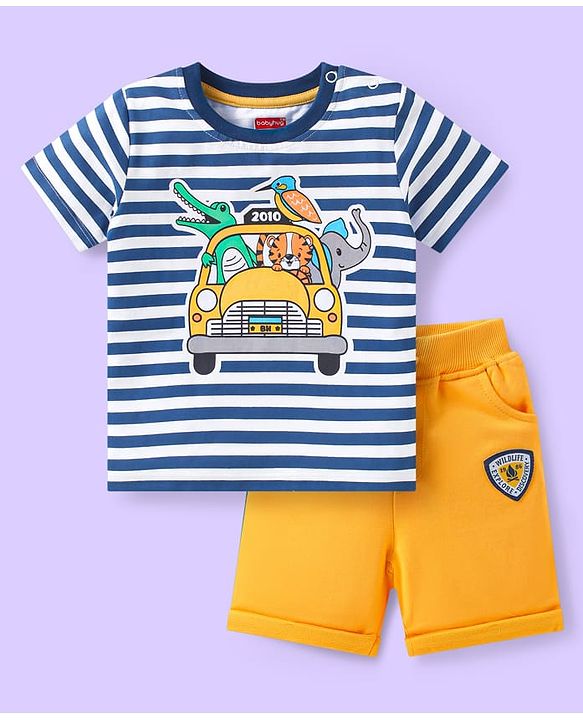 Babyhug Single Jersey Knit Half Sleeves Striped T-Shirt & Shorts Set with Safari Theme Print - Yellow & Blue