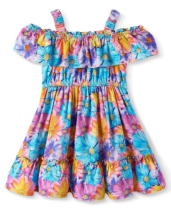Babyhug Rayon Woven Cold Shoulder Sleeves Frock With Floral Print - Multicolor