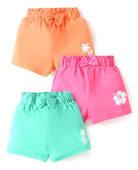Babyhug Cotton Single Jersey Knit Mid Thigh Shorts With Floral Print Pack of 3 - Orange Pink & Green
