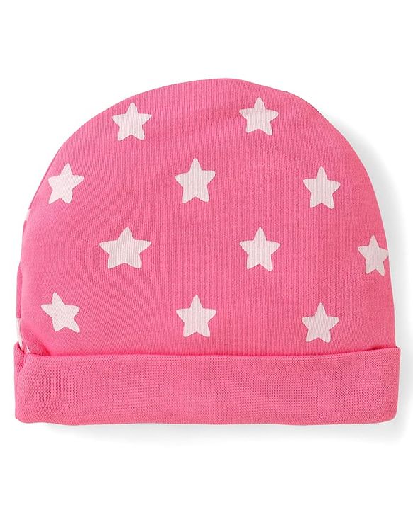 Babyhug 100% Cotton Knit Cap with Star Print Pink - Diameter 16 cm