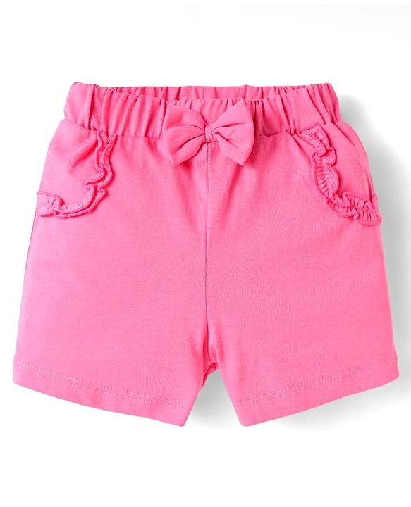 Babyhug Cotton Knit Mid Thigh Lenght Shorts with Floral Print & Bow Applique Pack of 3 - Blue White & Dark Pink