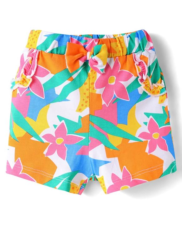 Babyhug Cotton Knit Mid Thigh Lenght Shorts with Floral Print & Bow Applique Pack of 3 - Blue White & Dark Pink