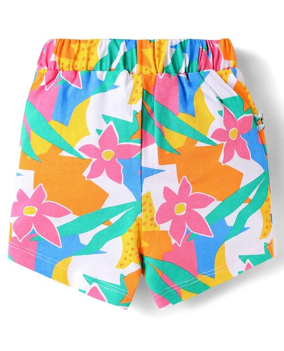 Babyhug Cotton Knit Mid Thigh Lenght Shorts with Floral Print & Bow Applique Pack of 3 - Blue White & Dark Pink