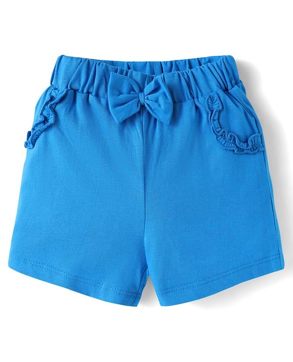 Babyhug Cotton Knit Mid Thigh Lenght Shorts with Floral Print & Bow Applique Pack of 3 - Blue White & Dark Pink