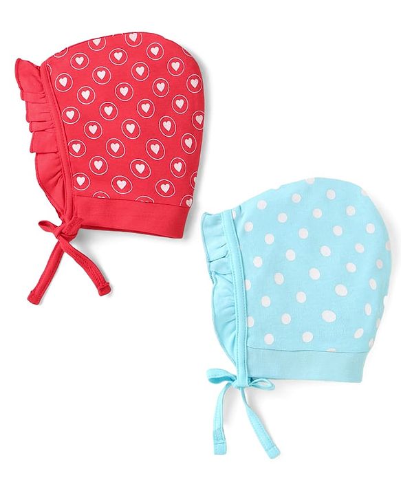 Babyhug Interlock Knit Bonnet Bonnet Caps With Heart & Polka Dot Print Pack of 2 - Red & Light Blue