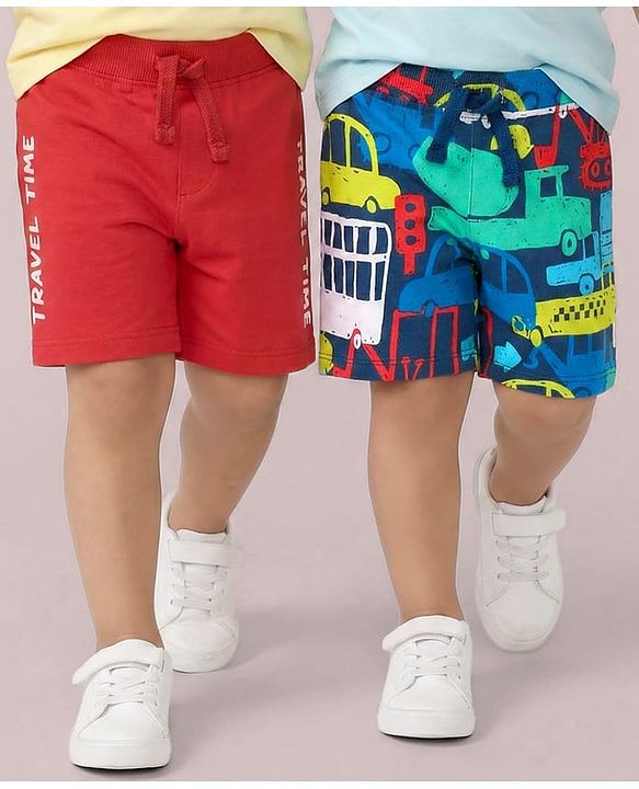 Babyhug Cotton Knit Mid Thigh Shorts with Vehicle Print Pack of 2 - Red & Blue