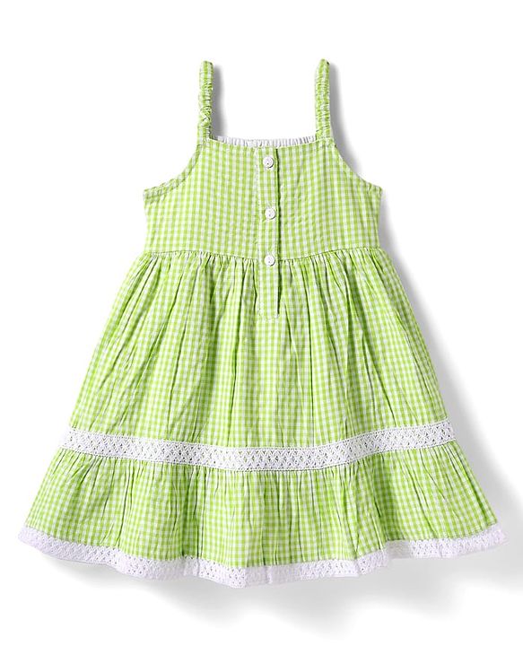 Babyhug Cotton Knit Sleeveless Checkered Frock with Headband Floral Embroidery & Smocking - Light Green