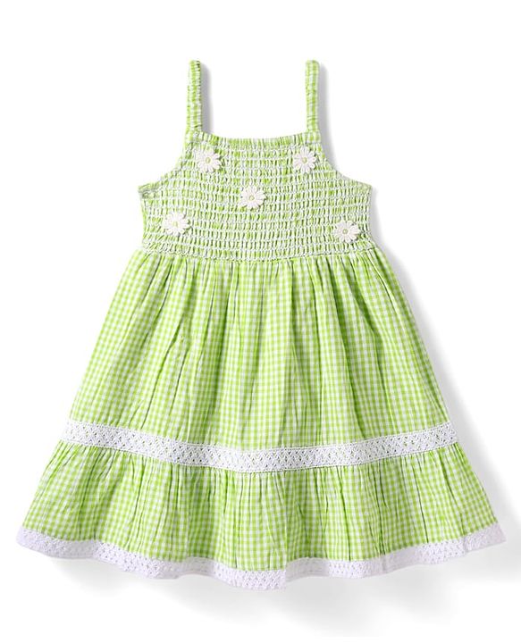 Babyhug Cotton Knit Sleeveless Checkered Frock with Headband Floral Embroidery & Smocking - Light Green