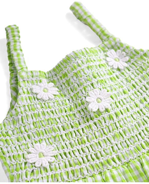 Babyhug Cotton Knit Sleeveless Checkered Frock with Headband Floral Embroidery & Smocking - Light Green