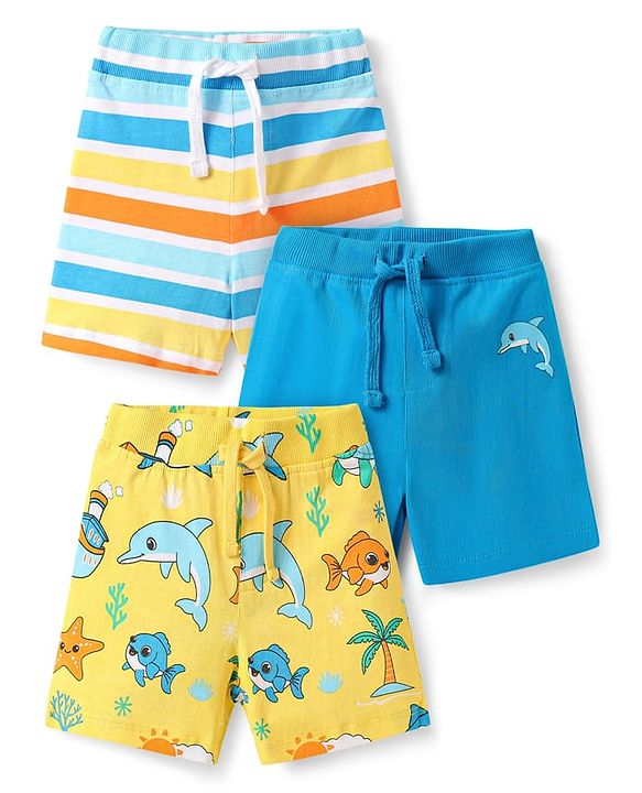 Babyhug Cotton Knit Mid Thigh Length Shorts with Sea Life Print & Stripes Pack of 3 - Blue & Yellow