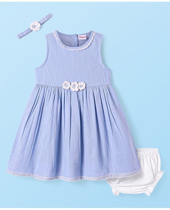 Babyhug Cotton Woven Sleeveless Frock With Floral Applique Bloomer & Headband - Blue