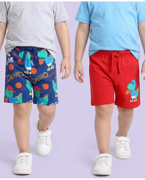 Babyhug Cotton Knit Mid Thigh Shorts with Dino Print Pack of 2 - Red & Navy Blue