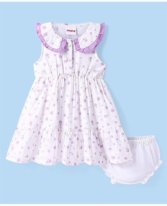 Babyhug Cotton Woven Sleeveless Peter Pan Collared Frock With Floral Print & Bloomer - White