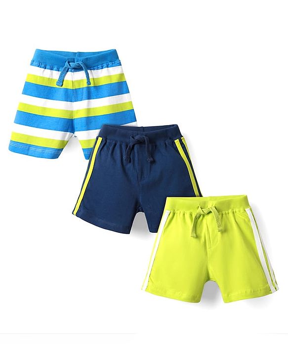 Babyhug Cotton Knit Mid Thigh Length Striped Shorts with Tape Detailing Pack of 3 - Light Green Navy & Light Blue