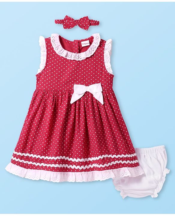 Babyhug Cotton Knit Sleeveless Frock Bloomer & Head Band with Lace Detailing - Red