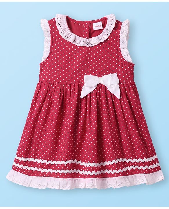 Babyhug Cotton Knit Sleeveless Frock Bloomer & Head Band with Lace Detailing - Red