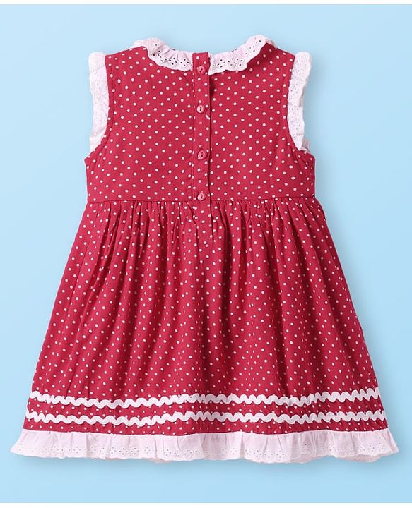 Babyhug Cotton Knit Sleeveless Frock Bloomer & Head Band with Lace Detailing - Red
