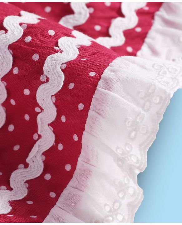 Babyhug Cotton Knit Sleeveless Frock Bloomer & Head Band with Lace Detailing - Red