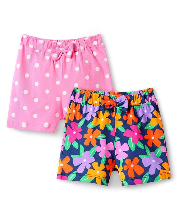 Babyhug Single Jersey Knit Mid Thigh Shorts With Polka Dot & Floral Print & Bow Applique Pack of 2 - Pink & Navy Blue